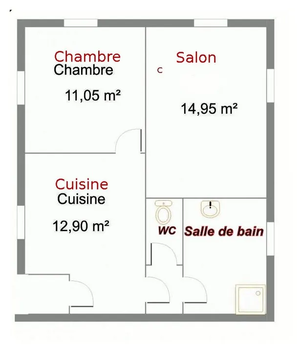 Plan du gîte : cuisine, salon, chambre, salle de bain et WC